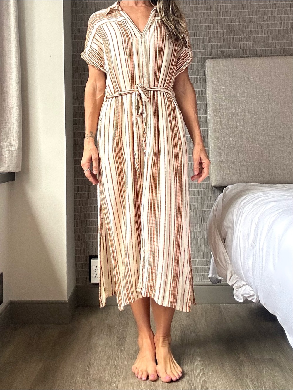 En Crème Striped ButtonFront Tie Waist Midi Shirt Dress Cream & Orange M EUC
